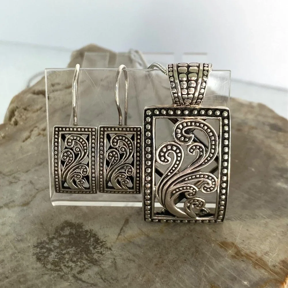 Silpada Sterling Silver Paisley Open Scroll Pendant Necklace & Earrings Set 20" - Picture 6 of 16
